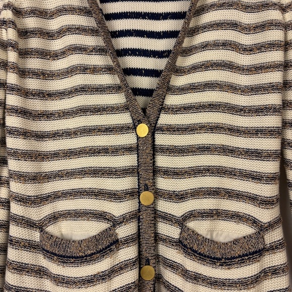 Banana Republic Navy Gold Striped Cardigan Sweater Nautical Preppy - Picture 4 of 9
